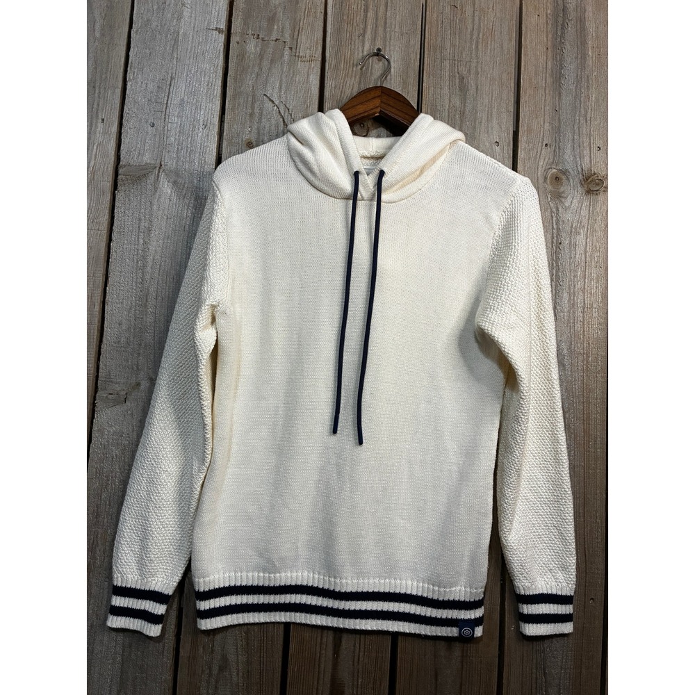 Long Wharf Supply Co Women Knit Hoodie Cream Navy Stripe Coastal Sweater Medium